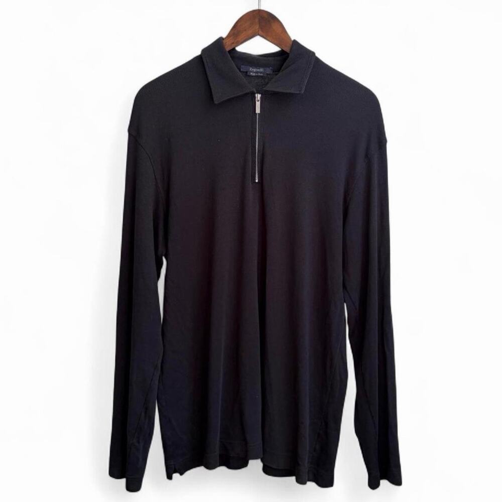 Zegna Sport Mens Black Ribbed Knit Quarter Zip 100% Wool Mens Sweater Black